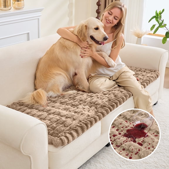 SANMADROLA Waterproof Couch Cover for Dogs Washable, Non-Slip Fuzzy Loveseat Slipcovers, Thick Soft Dog Bed Mat for 2 Cushion Sofa Pet Friendly Furniture Protector, Camel, 28" x 71"