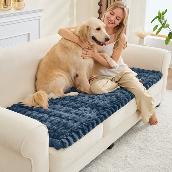 SANMADROLA Waterproof Couch Cover for Dogs Washable, Non-Slip Fuzzy Loveseat Slipcovers, Thick Soft Dog Bed Mat for 2 Cushion Sofa Pet Friendly Furniture Protector, Blue, 28" x 71"