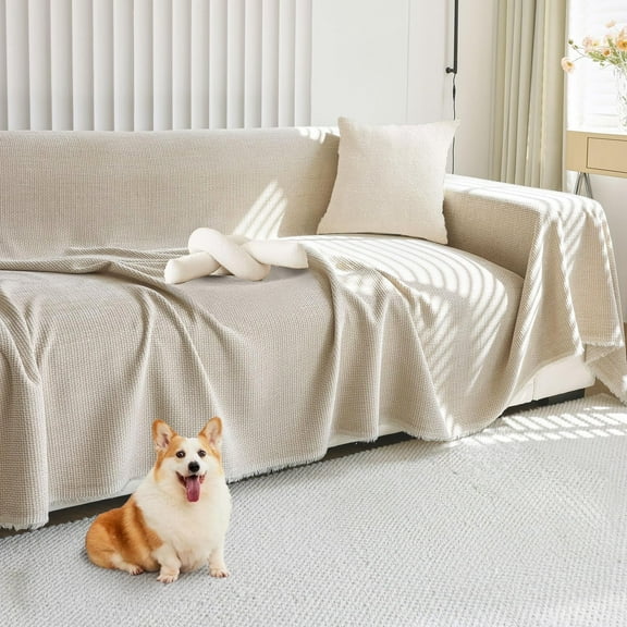 SANMADROLA Sofa Cover Chenille Couch Covers, Corduroy Jacquard Non Slip Couch Sofa Cover, Love Seat Couch Covers for 2 Cushion Couch, Furniture Protector for Dogs, Pets, 71"x118", Khaki