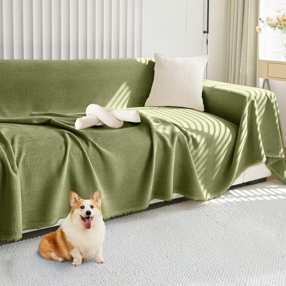 SANMADROLA Sofa Cover Green Chenille Couch Covers, Corduroy Jacquard Non Slip Couch Sofa Cover, Love Seat Couch Covers for 2 Cushion Couch, Furniture Protector for Dogs, Pets, 71"x118"