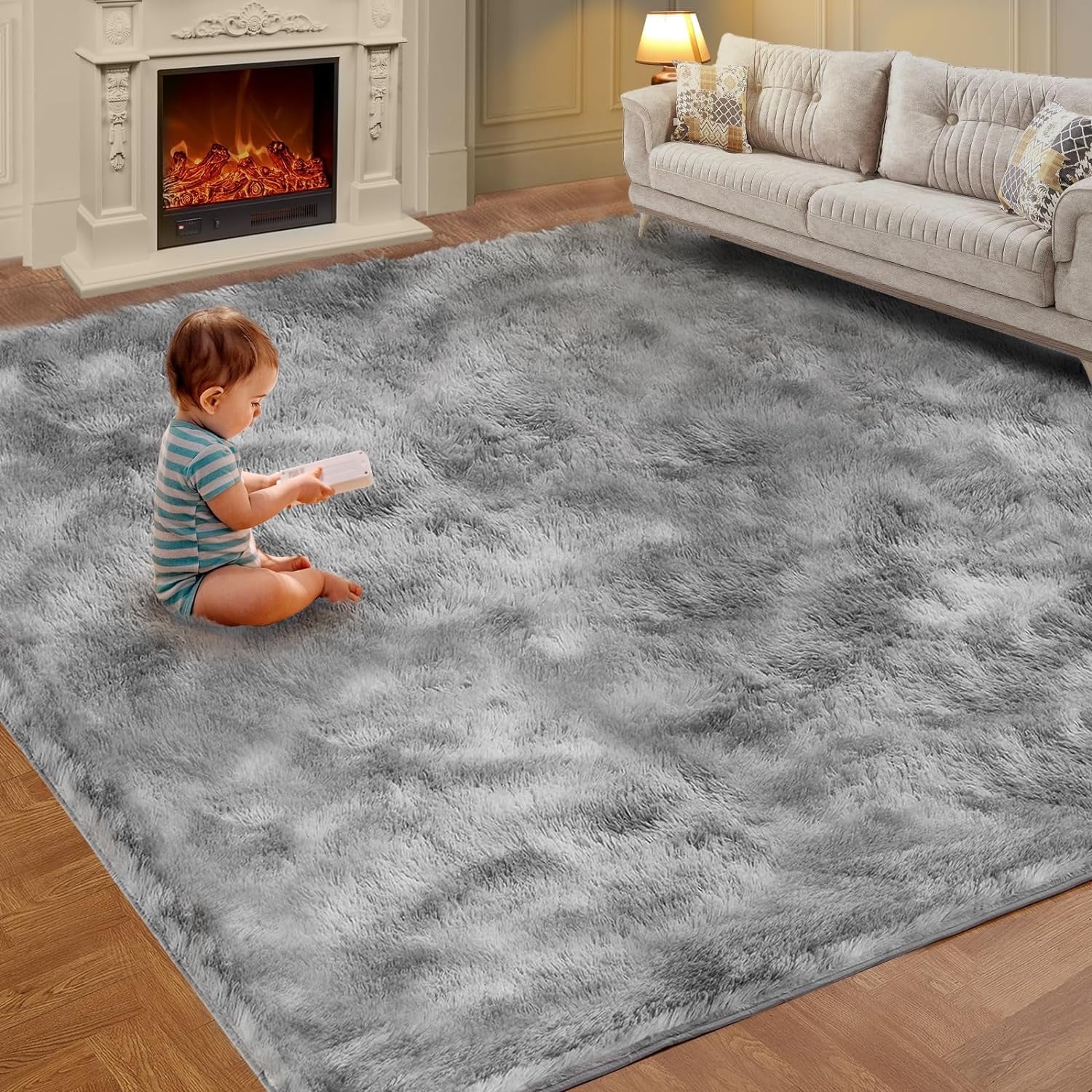 SANMADROLA Fluffy Shag Area Rug, Black, Rectangle, 6.5'x7.5', Non-Slip, Eco-Friendly