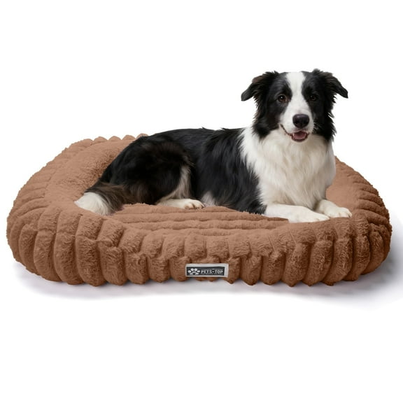 SANMADROLA Cute Dog Beds for Large Sized Dog, Washable Large Dog Beds, Rectangle Pet Beds for Big Dogs, Furry Bolster Soft Warming Calming Pet Bed with Non-Slip Bottom, 35.4"x27.2"x5.5",Brown