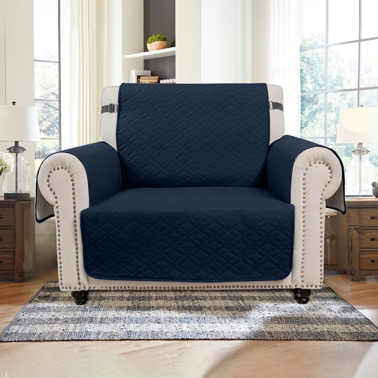 SANMADROLA Recliner Chair Covers Reversible Sofa Cover Water Resistant Couch Cover Furniture Protector with Elastic Straps for Kids, Dogs, Pets (21" Recliner Small, Dark Blue)