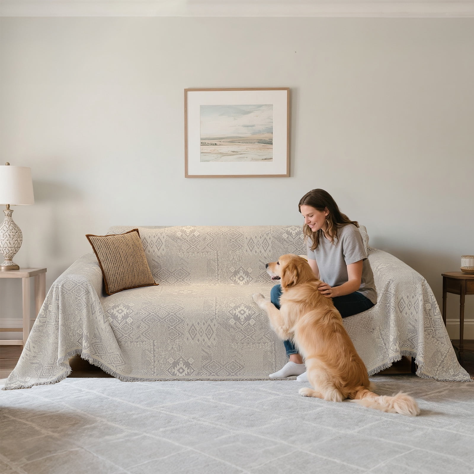 Sanmadrola Reversible Sofa Covers for 3 Cushion Couch, Geometric Jacquard Chenille Slipcover, L Shape Sectional Couch Cover with Tassels, Washable Furniture Protector for Dogs Cats Pet, 71"x118"