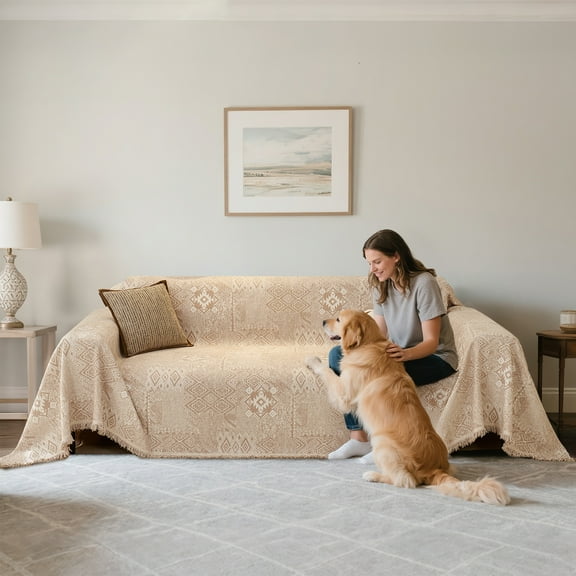 Sanmadrola Reversible Sofa Covers for 3 Cushion Couch, Geometric Jacquard Chenille Slipcover, L Shape Sectional Couch Cover with Tassels, Washable Furniture Protector for Dogs Cats Pet, 71"x118"