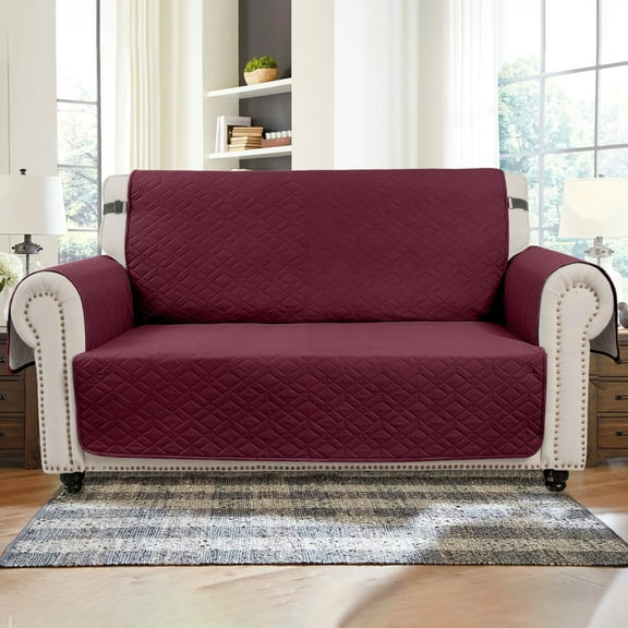 SANMADROLA Reversible Loveseat Covers for 2 Cushion Couch Sofa Cover Water Resistant Couch Cover Furniture Protector with Elastic Straps for Kids, Dogs, Pets (46" Loveseat, Wine Red)