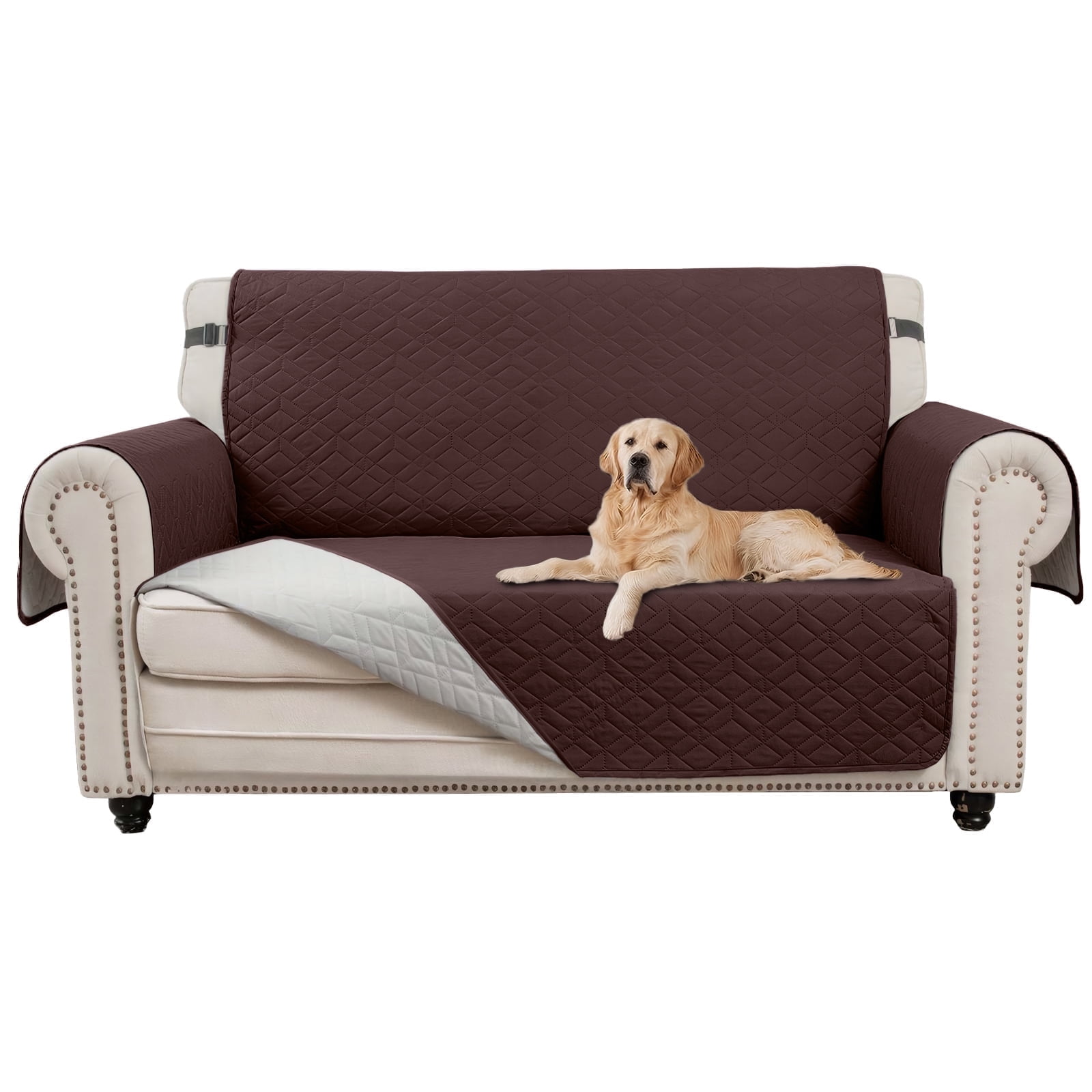 SANMADROLA Reversible Loveseat Covers for 2 Cushion Couch Sofa Cover Water Resistant Couch Cover Furniture Protector with Elastic Straps for Kids, Dogs, Pets (46" Loveseat, Coffee)
