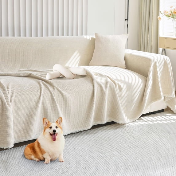 SANMADROLA Sofa Cover for 3 Cushion Couch Chenille Sofa Cover Sectional Sofa Cover for Dog, Beige Sofa Slipcover Washable Couch Covers for L-Shape Sofa Reversible Sofa Protector 71''x134''