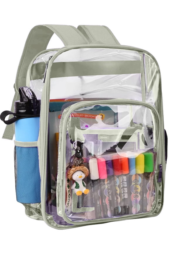 Waterproof Clear Backpack Heavy Duty PVC Transparent Large Capacity Backpack with Reinforced Strap for School, Work, Stadium, Travel, Security, Festival, College (Gray Green)