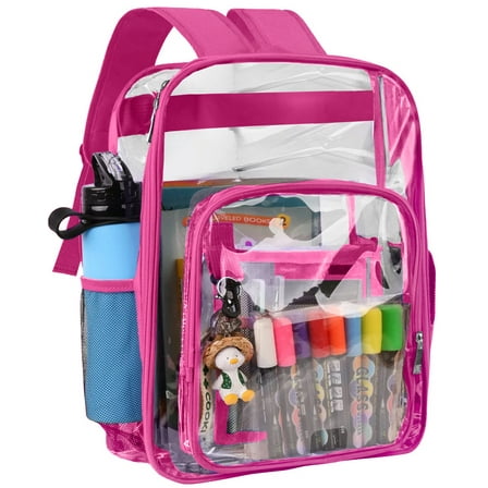 SANMADROLA Waterproof Clear Backpack Heavy Duty PVC Transparent Large Capacity Backpack with Reinforced Strap for School, Work, Stadium, Travel, Security, Festival, College (Rose Red)
