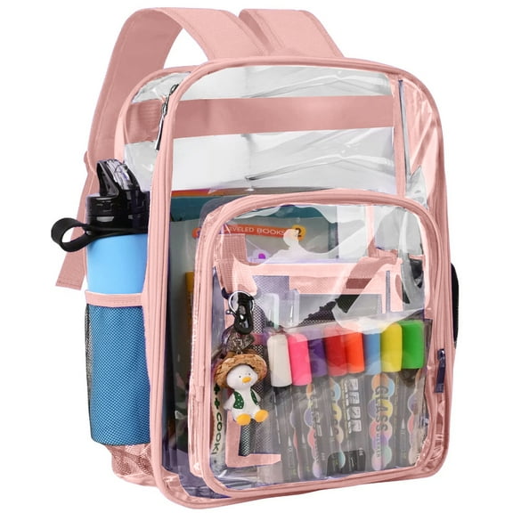 SANMADROLA Waterproof Clear Backpack Heavy Duty PVC Transparent Large Capacity Backpack with Reinforced Strap for School, Work, Stadium, Travel, Security, Festival, College (Light Pink)