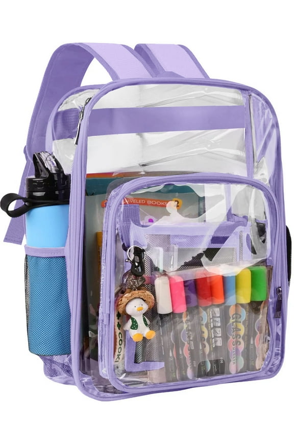 Waterproof Clear Backpack Heavy Duty PVC Transparent Large Capacity Backpack with Reinforced Strap for School, Work, Stadium, Travel, Security, Festival, College (Light Purple)