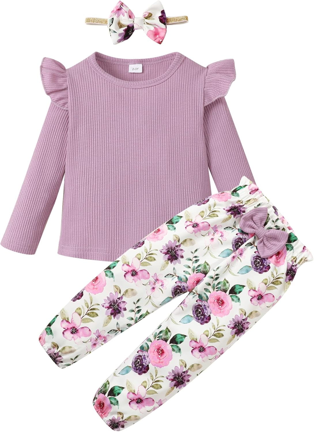 SANMIO 3Pcs Toddler Girl Clothes Solid Color Long Sleeves Ruffle Top+Floral Pants+Headband 1-6 Years Fall/Winter Outfits Set