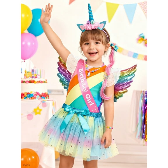 SANMIO 9-Piece Girls' Birthday Unicorn Costume Outfit Kids Dress Set Rainbow Striped Ruffled Top, Tulle Puffy Skirt & Unicorn Headband Accessory Set