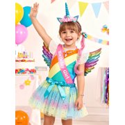 SANMIO 9-Piece Girls Birthday Unicorn Costume Outfit Kids Dress Set Rainbow Striped Ruffled Top, Tulle Puffy Skirt & Unicorn Headband Accessory Set