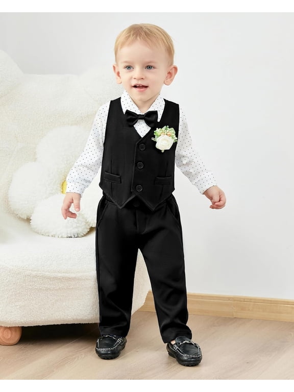 Baby Boy Clothes Suits Infant Gentleman Outfit Collared Dress Shirt+Vest+Tie+Corsage+Pants 5Pcs Baby Suit Sets