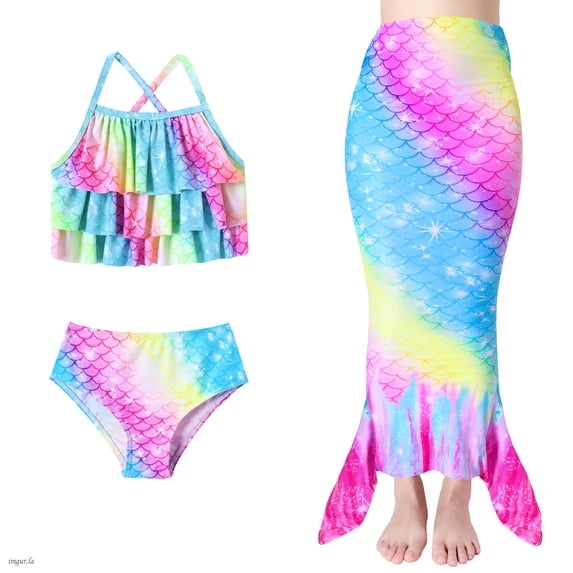 SANMIO Girls Mermaid Bathing Suit Mermaid Tail Swimsuit For Kids 3Pcs Swimwear Sets Cute layered Ruffles Halter Bikini Set For Swimming 4-10 Years