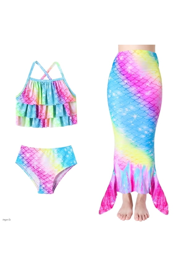 Girls Mermaid Bathing Suit Mermaid Tail Swimsuit For Kids 3Pcs Swimwear Sets Cute layered Ruffles Halter Bikini Set For Swimming 4-10 Years