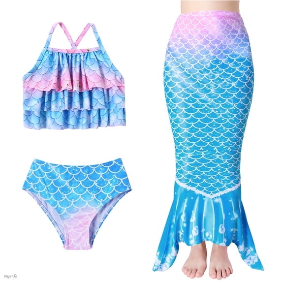 SANMIO Girls Mermaid Bathing Suit Mermaid Tail Swimsuit For Kids 3Pcs Swimwear Sets Cute layered Ruffles Halter Bikini Set For Swimming 4-10 Years