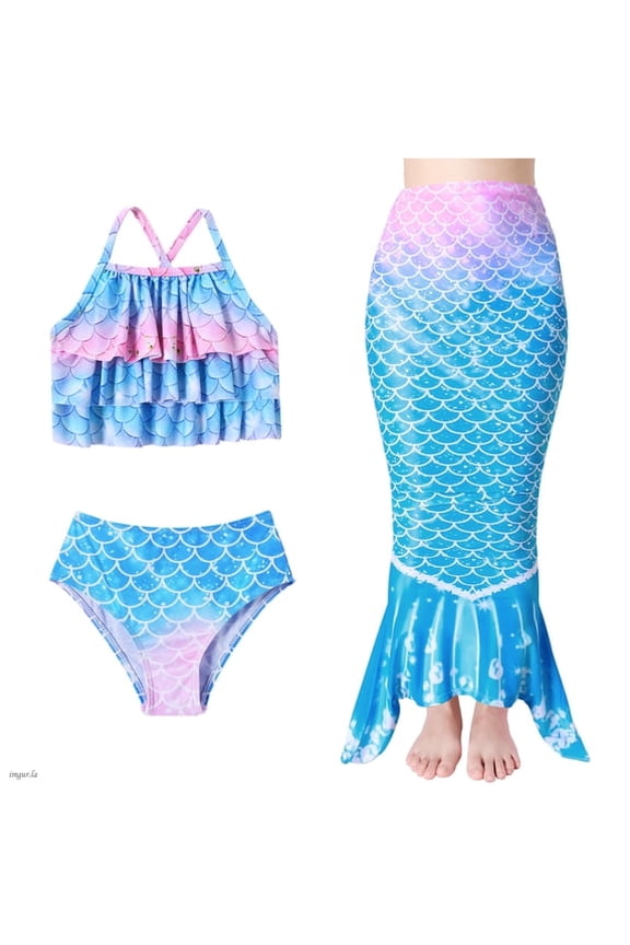 Girls Mermaid Bathing Suit Mermaid Tail Swimsuit For Kids 3Pcs Swimwear Sets Cute layered Ruffles Halter Bikini Set For Swimming 4-10 Years