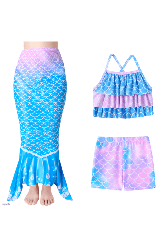 Mermaid Swimsuits For Girls 3Pcs Mermaid Tail Tankini Suits Kids Multi Ruffled Trim Halter Bathing Suit Colorful Fish Scale Pattern Set Swimwear 4-10 Years