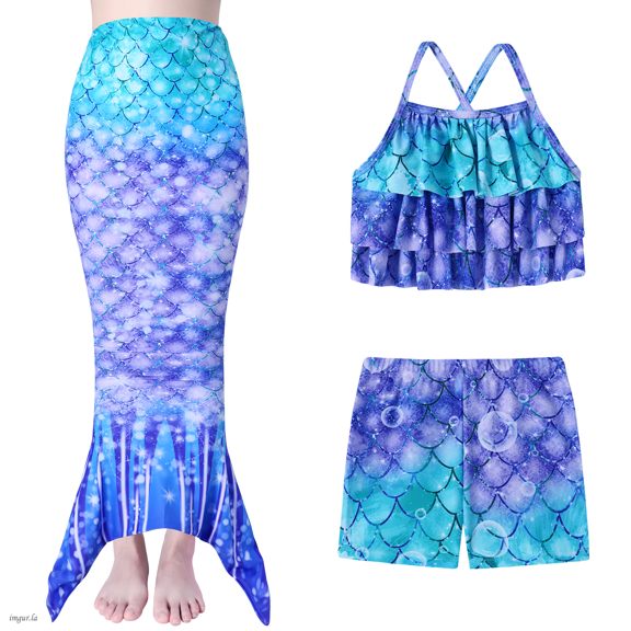 SANMIO Mermaid Swimsuits For Girls 3Pcs Mermaid Tail Tankini Suits Kids Multi Ruffled Trim Halter Bathing Suit Colorful Fish Scale Pattern Set Swimwear 4-10 Years