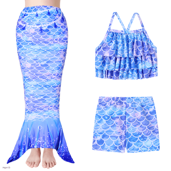 SANMIO Mermaid Swimsuits For Girls 3Pcs Mermaid Tail Tankini Suits Kids Multi Ruffled Trim Halter Bathing Suit Colorful Fish Scale Pattern Set Swimwear 4-10 Years