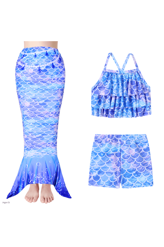 Mermaid Swimsuits For Girls 3Pcs Mermaid Tail Tankini Suits Kids Multi Ruffled Trim Halter Bathing Suit Colorful Fish Scale Pattern Set Swimwear 4-10 Years
