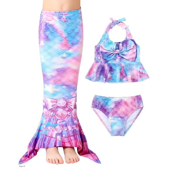 SANMIO Mermaid Tail Swimsuit For Girls 3Pcs Mermaid Bikini Bathing Suit For Swimming Kids Cute Bow Ruffles Tankini Set Swimwear For Girls 4-10 Years