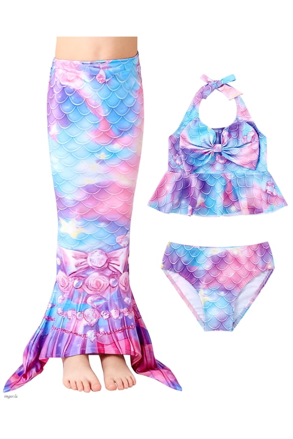 Mermaid Tail Swimsuit For Girls 3Pcs Mermaid Bikini Bathing Suit For Swimming Kids Cute Bow Ruffles Tankini Set Swimwear For Girls 4-10 Years