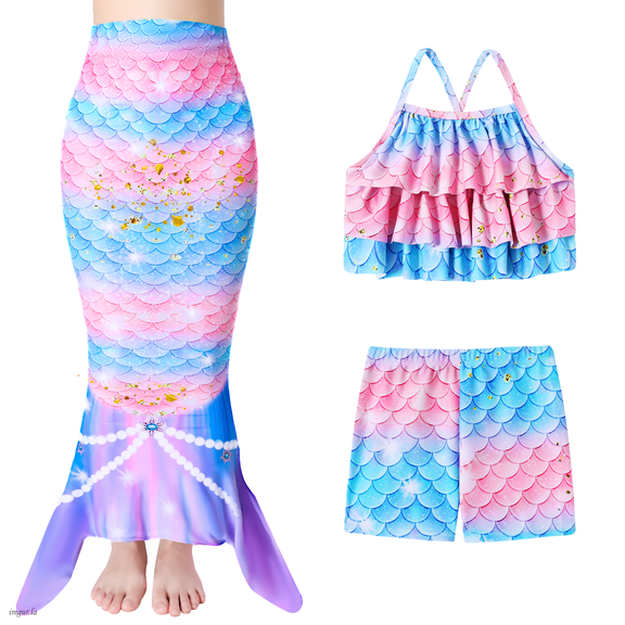 SANMIO Mermaid Tail Swimsuits Mermaid Bathing Suit For Girls Mermaid Tail Multi Ruffled Trim Halter and Trunk 3Pcs Costume Colorful Fish Scale Pattern Swimwear Set 4-10 Years