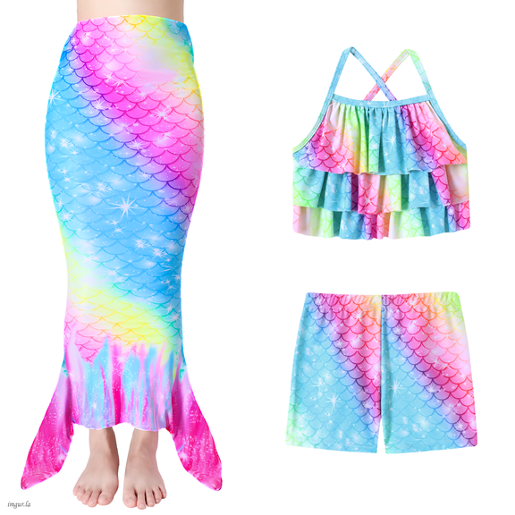 SANMIO Mermaid Tail Swimsuits Mermaid Bathing Suit For Girls Mermaid Tail Multi Ruffled Trim Halter and Trunk 3Pcs Costume Colorful Fish Scale Pattern Swimwear Set 4-10 Years