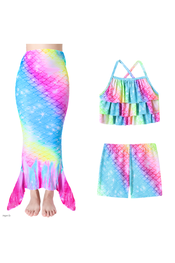 Mermaid Tail Swimsuits Mermaid Bathing Suit For Girls Mermaid Tail Multi Ruffled Trim Halter and Trunk 3Pcs Costume Colorful Fish Scale Pattern Swimwear Set 4-10 Years