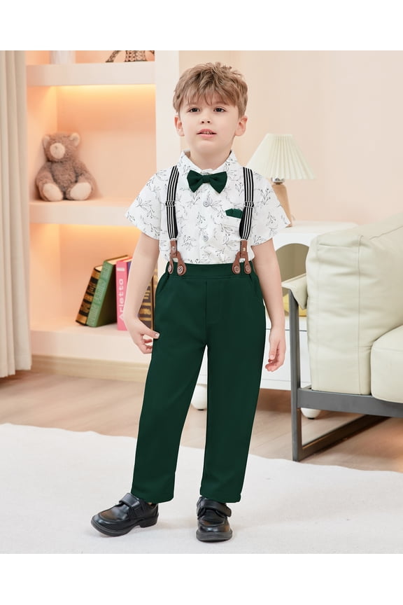 Toddler Baby Boy Clothes Suit Gentleman Wedding Formal Dress Outfits, Shirt with Bowtie + Suspender Pants 1-5 Years