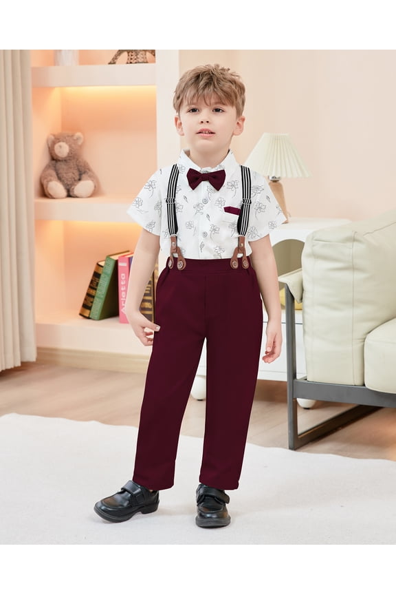 Toddler Baby Boy Clothes Suit Gentleman Wedding Formal Dress Outfits, Shirt with Bowtie + Suspender Pants 1-5 Years