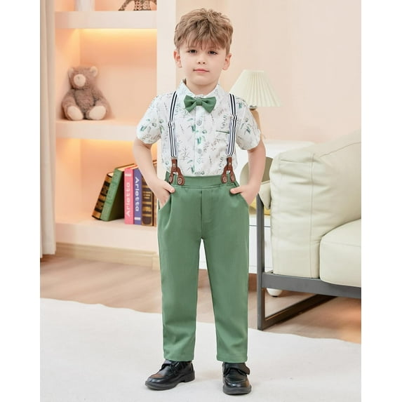 SANMIO Toddler Baby Boy Clothes Suit Gentleman Wedding Outfits, Formal Dress Shirt with Bowtie + Suspender Pants 1-5 Years
