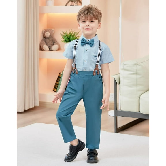 SANMIO Toddler Baby Boy Clothes Suit Gentleman Wedding Outfits, Formal Dress Shirt with Bowtie + Suspender Pants 1-5 Years