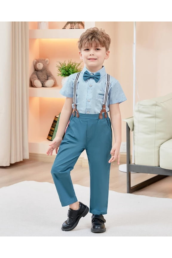 Toddler Baby Boy Clothes Suit Gentleman Wedding Outfits, Formal Dress Shirt with Bowtie + Suspender Pants 1-5 Years