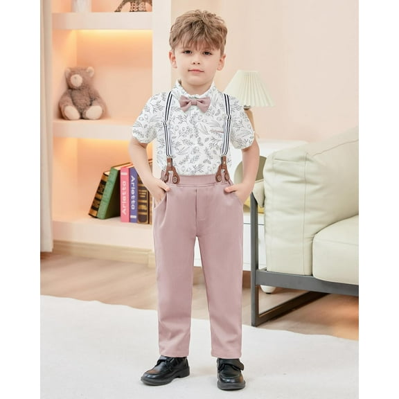 SANMIO Toddler Baby Boy Clothes Suit Gentleman Wedding Outfits, Formal Dress Shirt with Bowtie   Suspender Pants 1-5 Years