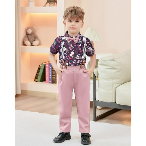 SANMIO Toddler Baby Boy Clothes Suit Gentleman Wedding Outfits, Formal Dress Shirt with Bowtie   Suspender Pants 1-5 Years