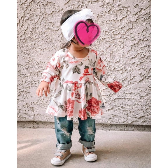 SANMIO Toddler Girl Clothes, Baby Girl Outfits Cute Floral Long Sleeve Ruffle Shirt and Jeans Pants Fall Winter Clothing Set