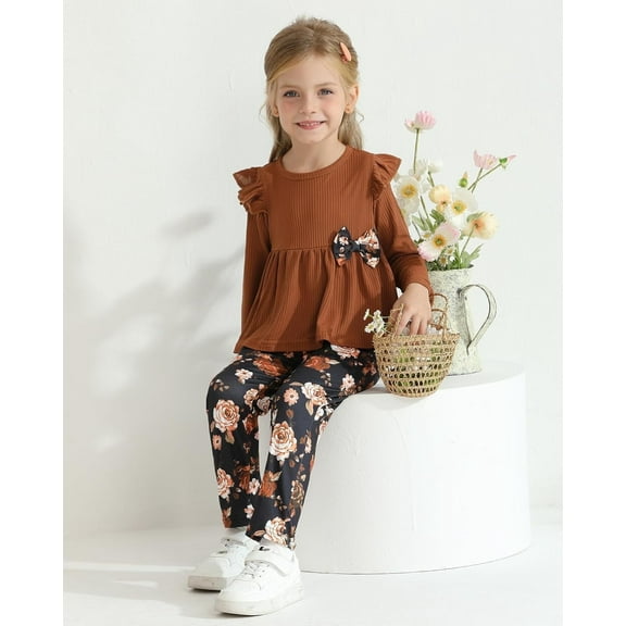 SANMIO Toddler Girl Clothes Long Sleeves Ruffle Top Floral Pants Cute Fall Winter Daily Casual Toddler Outfits