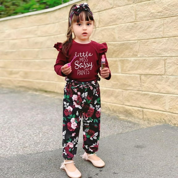 SANMIO Toddler Girl Clothes Outfits Cute Ruffle Sleeve Shirt Floral Pant+Headband 3Pcs Baby Girl Clothing Set 1-6T