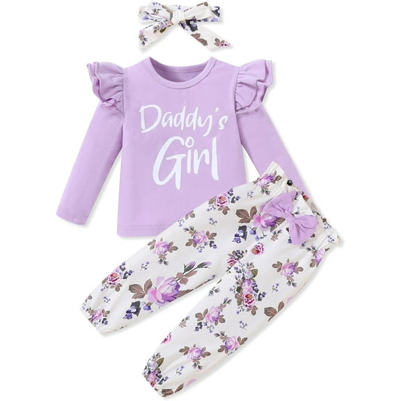 SANMIO Toddler Girl Clothes Outfits Cute Ruffle Sleeve Shirt Floral Pant Headband 3Pcs Baby Girl Clothing Set 1-6T