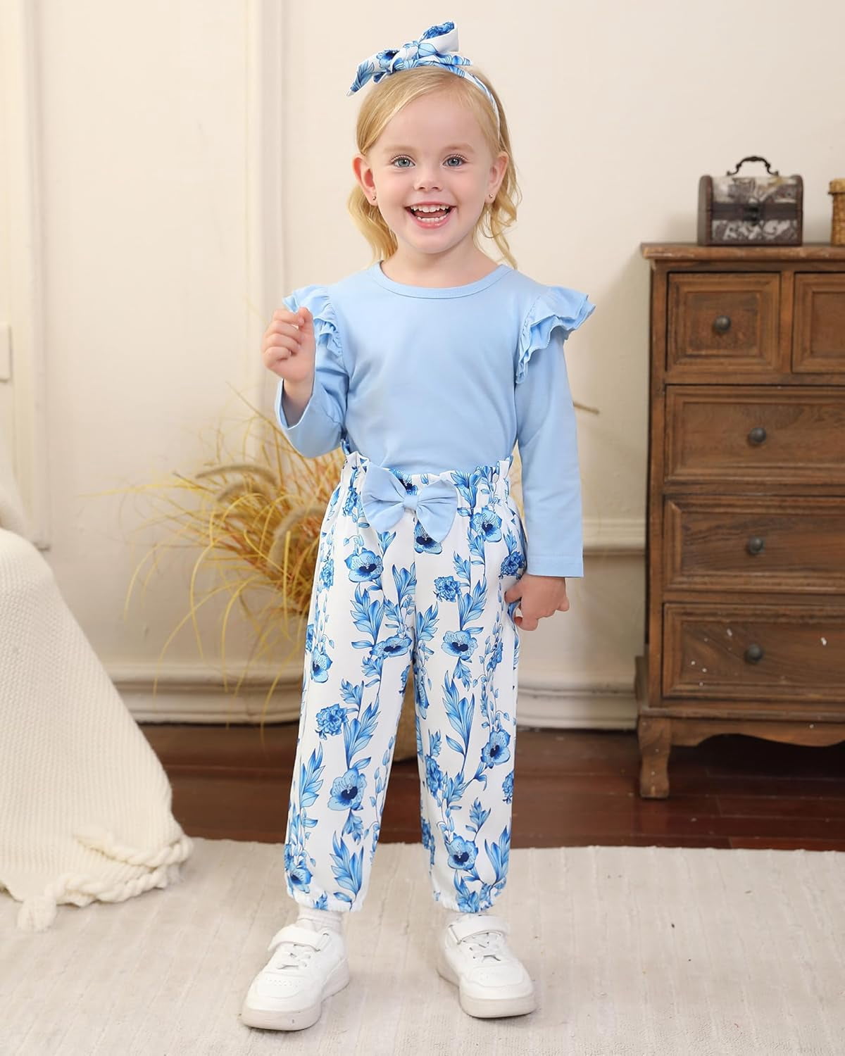 SANMIO Toddler Girl Clothes Outfits Cute Ruffle Sleeve Shirt Floral Pant+Headband 3Pcs Baby Girl Clothing Set 1-6T