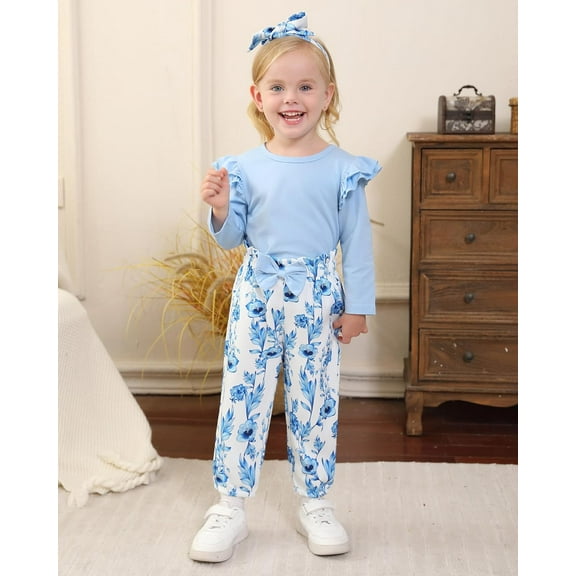SANMIO Toddler Girl Clothes Outfits Cute Ruffle Sleeve Shirt Floral Pant Headband 3Pcs Baby Girl Clothing Set 1-6T