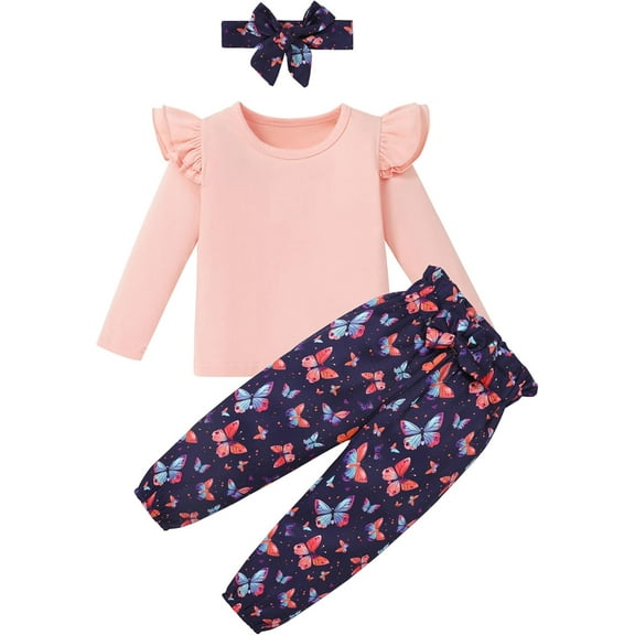 SANMIO Toddler Girl Clothes Outfits Cute Ruffle Sleeve Shirt Floral Pant Headband 3Pcs Baby Girl Clothing Set 1-6T