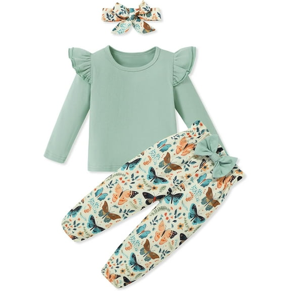 SANMIO Toddler Girl Clothes Outfits Cute Ruffle Sleeve Shirt Floral Pant Headband 3Pcs Baby Girl Clothing Set 1-6T