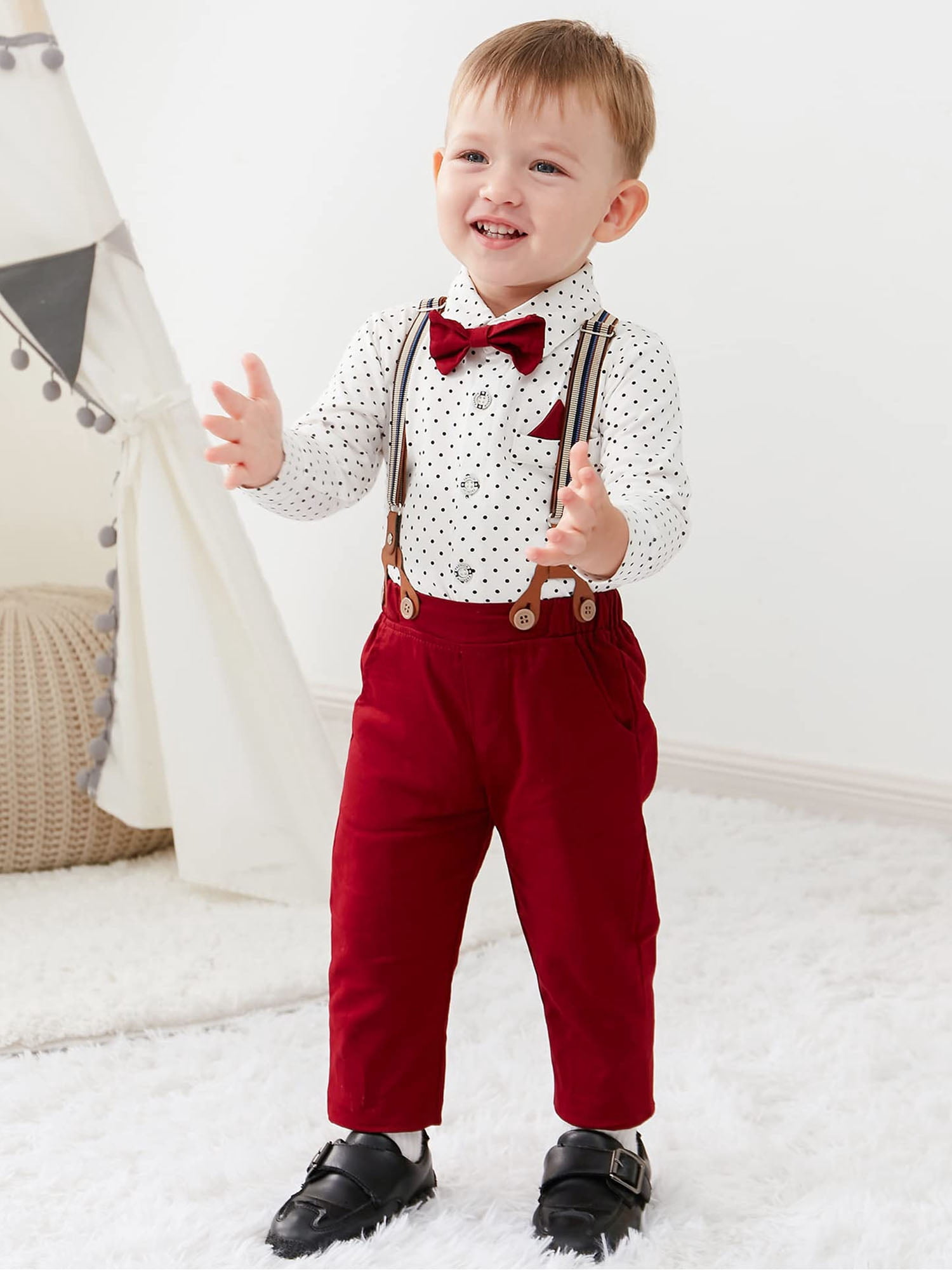 SANMIOI Infant Baby Boy Clothes 0-24 Months Gentleman's Suit Outfit Formal Shirt Suspender Pants Hat Bowtie 4pcs