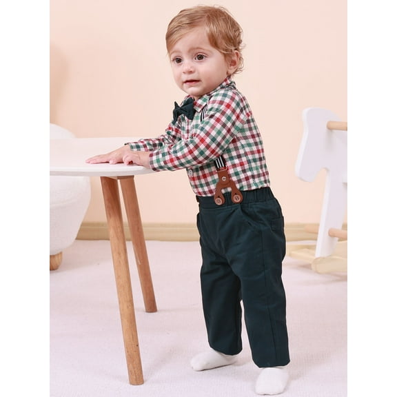 SANMIOI Infant Baby Boy Clothes 0-24 Months Gentleman's Suit Outfit Formal Shirt Suspender Pants Hat Bowtie 4pcs